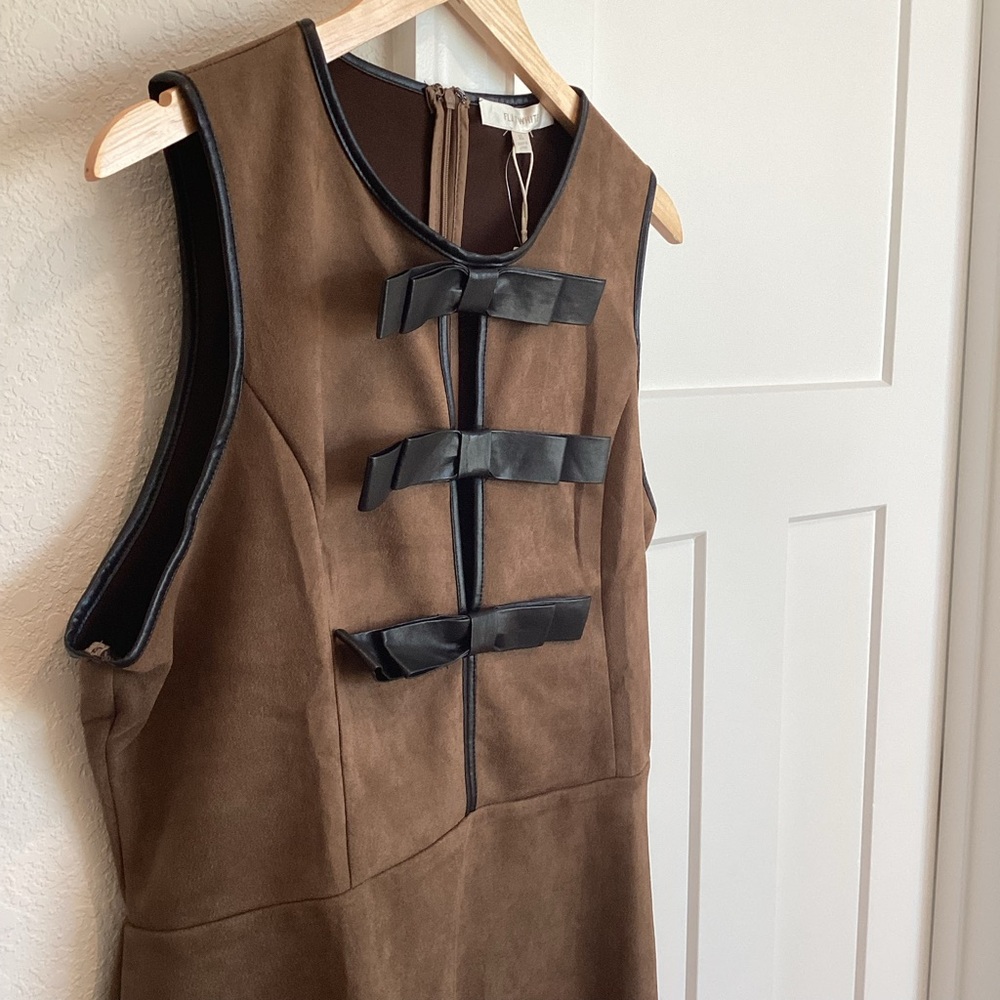 Anthropologie Flat White Faux-Suede Sleeveless Leather Bow-Trim Mini Dress - Picture 7 of 15
